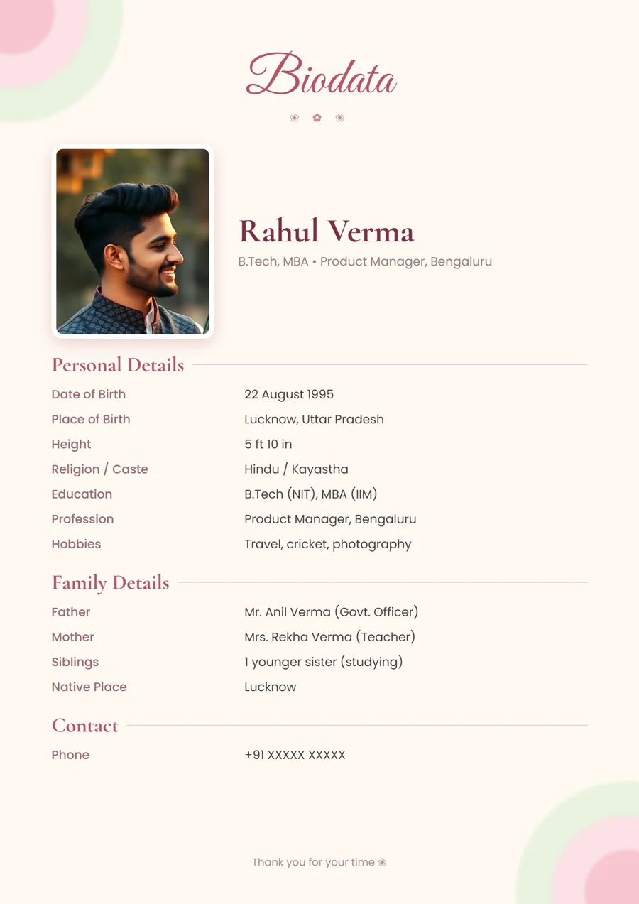 Marriage biodata format in English — floral pastel design