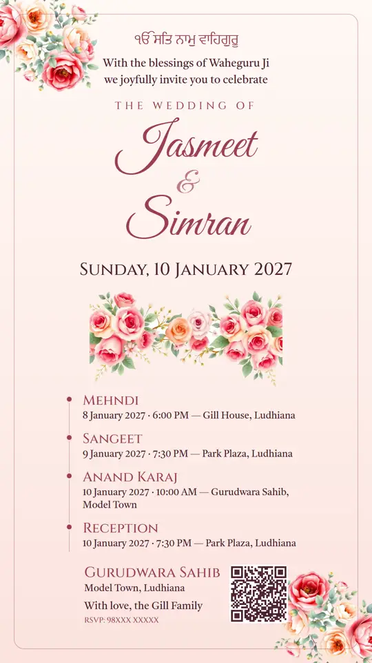 Sikh Floral Wedding E-Card (English) — Jasmeet & Simran
